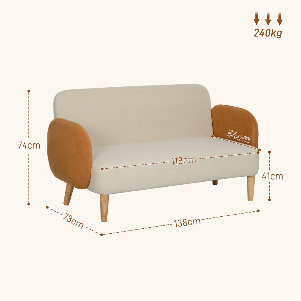 Nordic Style 2 Seater Sofa in Velvet Effect Fabric and Wood, 138x73x74 cm, Cream and Orange