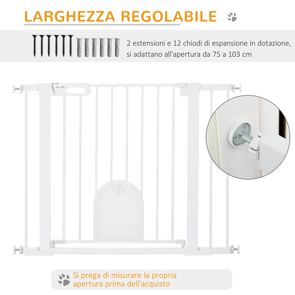 Adjustable Dog Gate with Small Door and Automatic Closure, 75-103x76cm, White