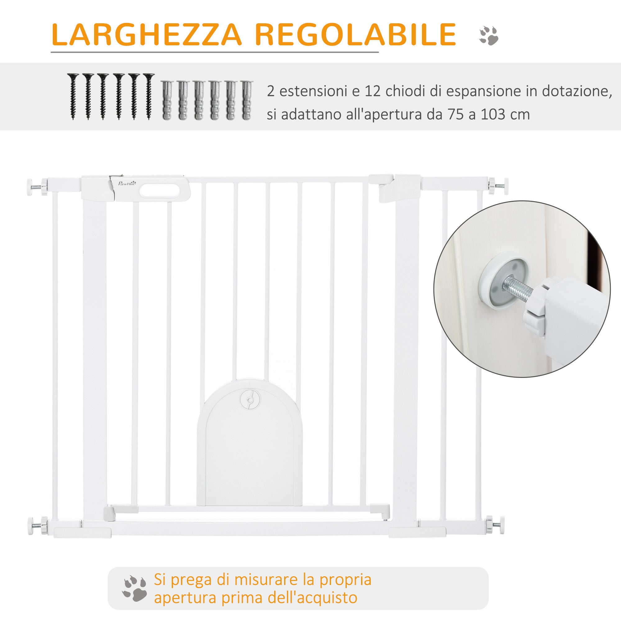 Adjustable Dog Gate with Small Door and Automatic Closure, 75-103x76cm, White