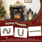 Christmas Garland Ø25x180 cm with 50 LED Lights, Berries and Pine Cones, in Plastic and Metal, Green and White