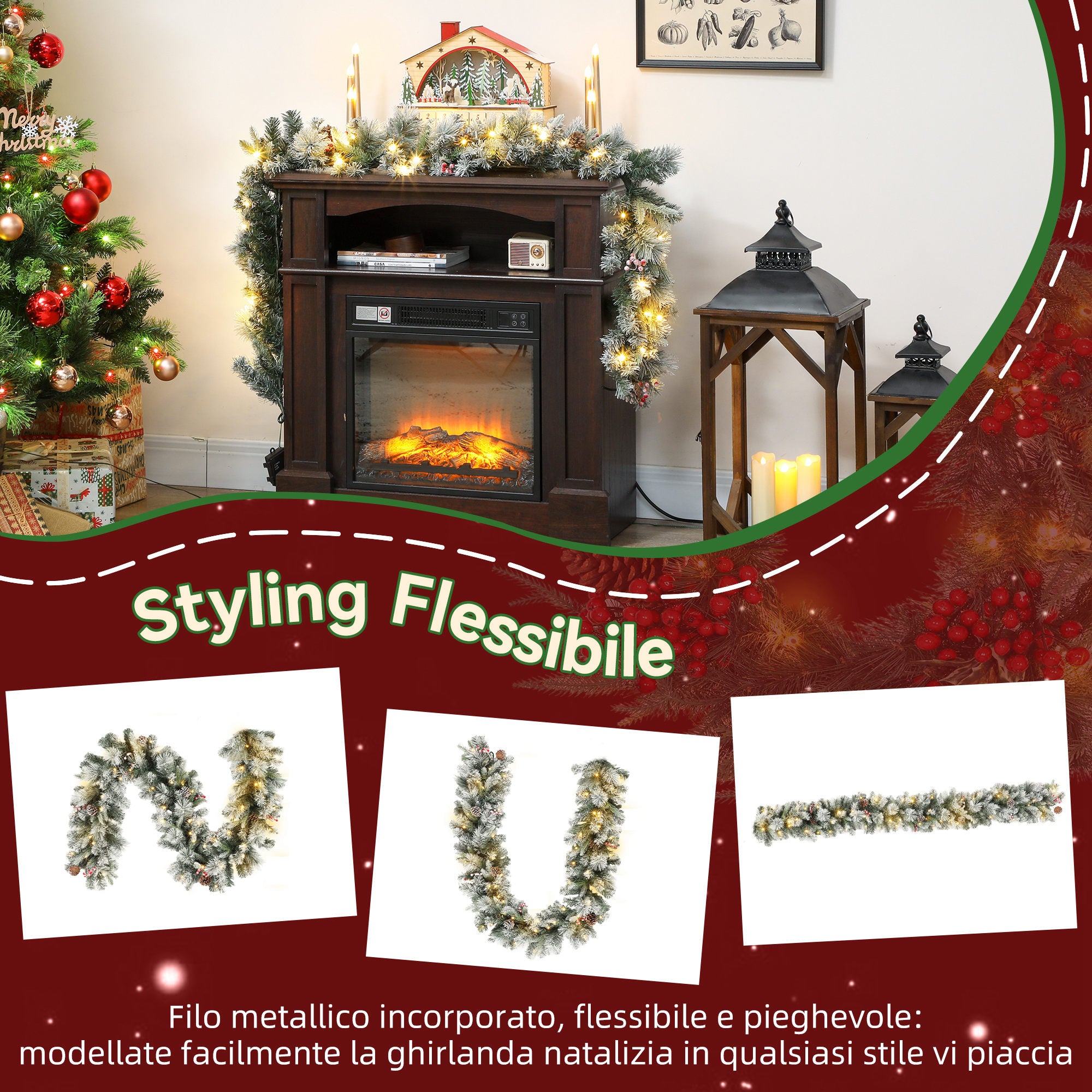 Christmas Garland Ø25x180 cm with 50 LED Lights, Berries and Pine Cones, in Plastic and Metal, Green and White