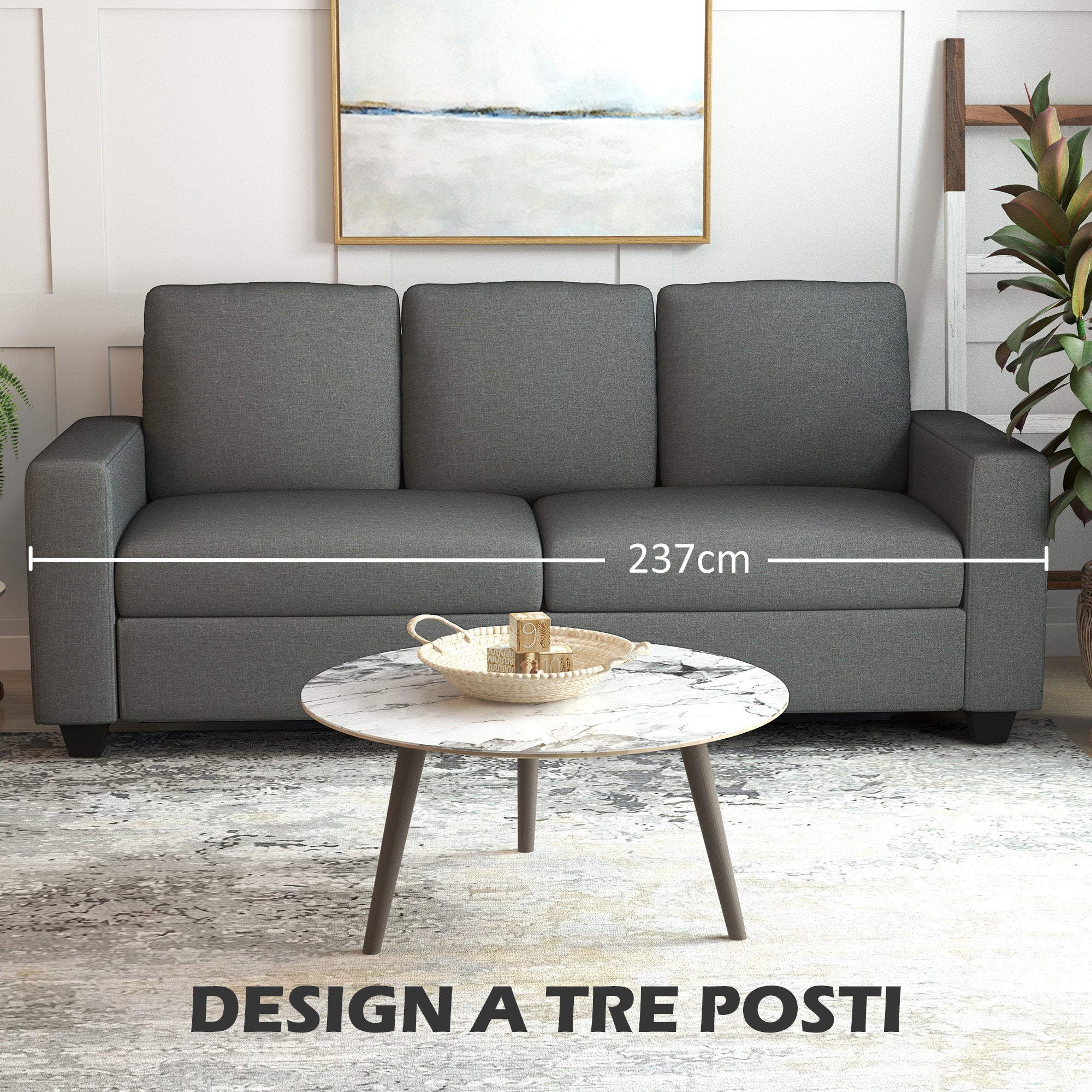 3 Seater Fabric Sofa with Padded Cushions and Linen Effect Upholstery, 237x94x102cm, Grey