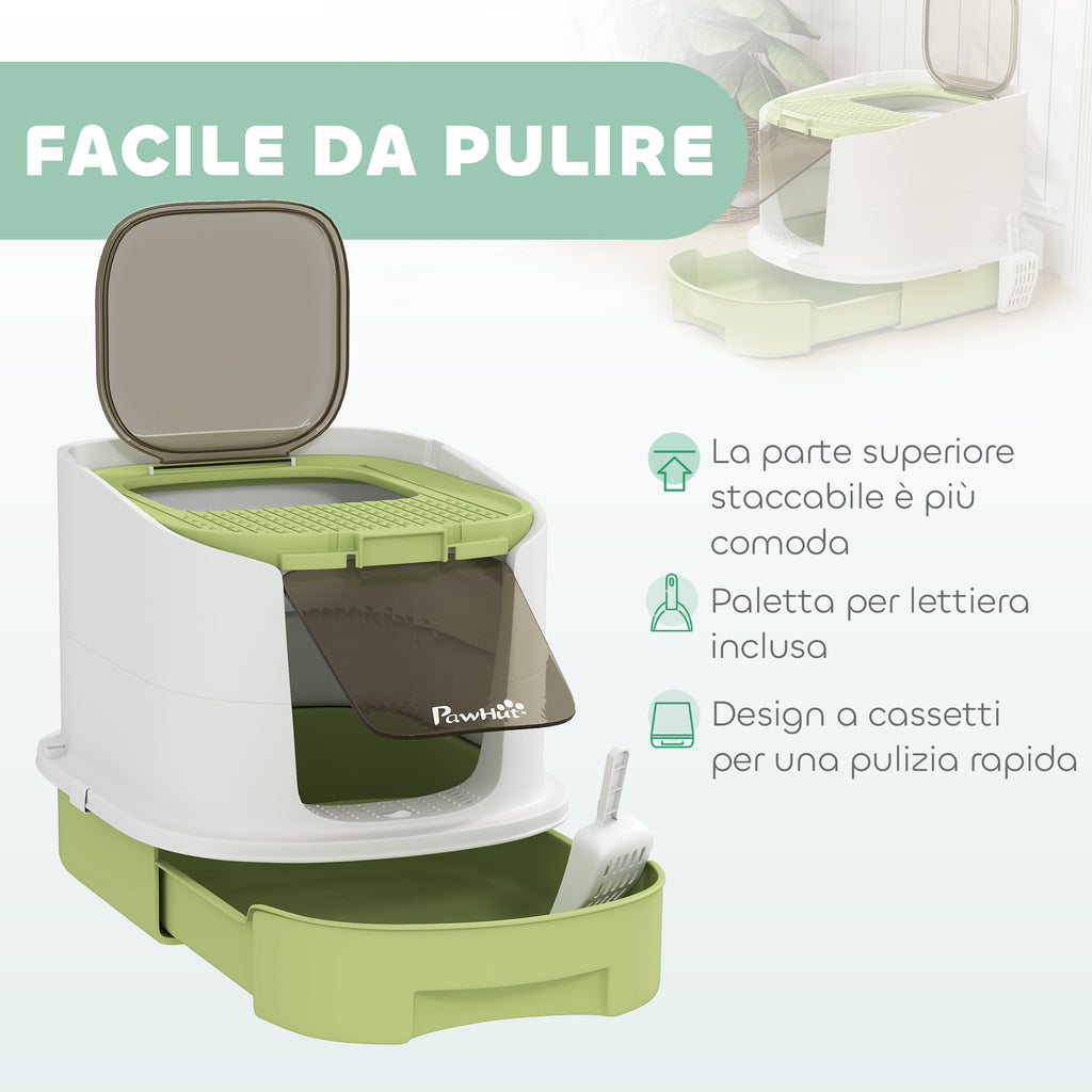 Enclosed Cat Litter Box with 2 Doors, Removable Tray, Scoop and Deodorizer, in PP, 40.5x52.5x42.5 cm, Green