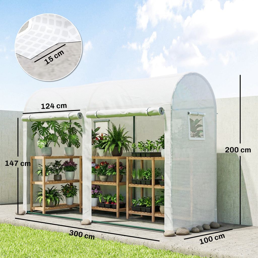Outsunny Garden Tunnel Greenhouse for Plants and Vegetables, Balcony Greenhouse with 2 Roller Doors and 4 Windows, 3x1x2m