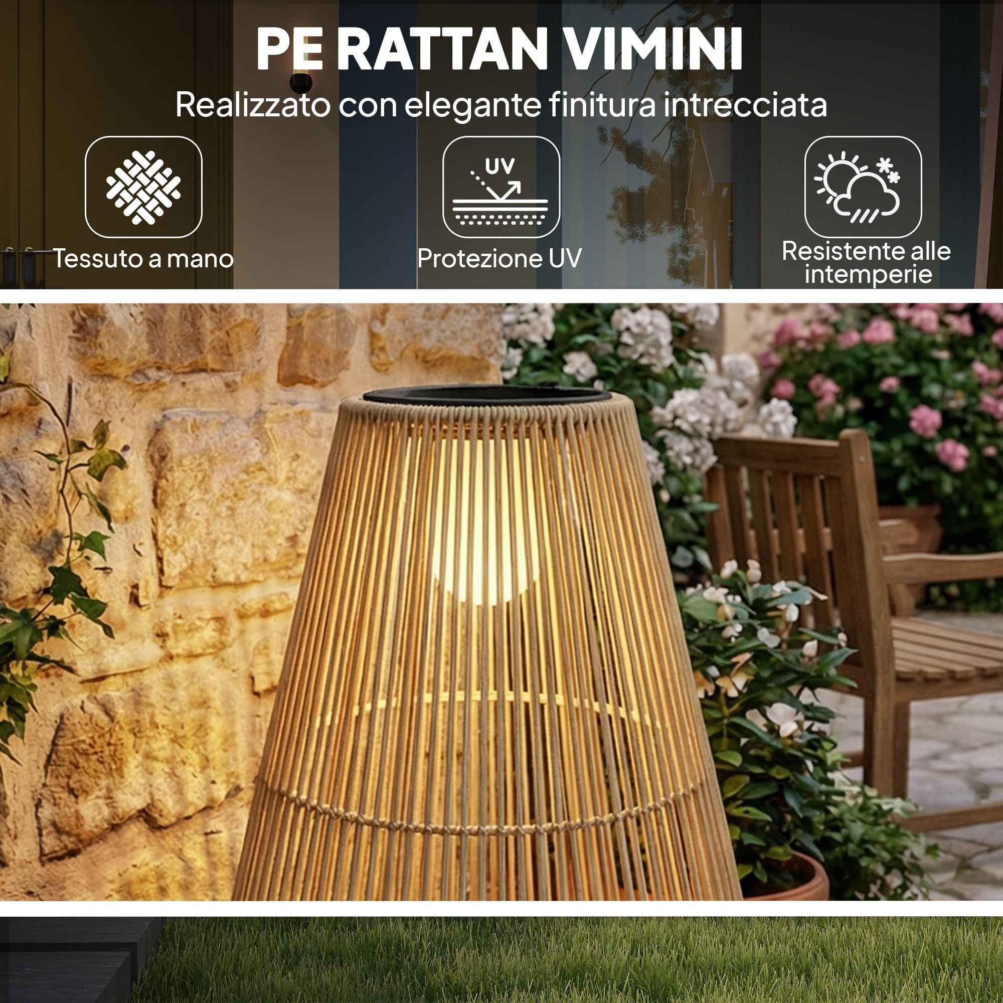 Outsunny Waterproof Solar Lamp with Automatic Switching, in Rattan and Steel, 35x35x55 cm, Yellow