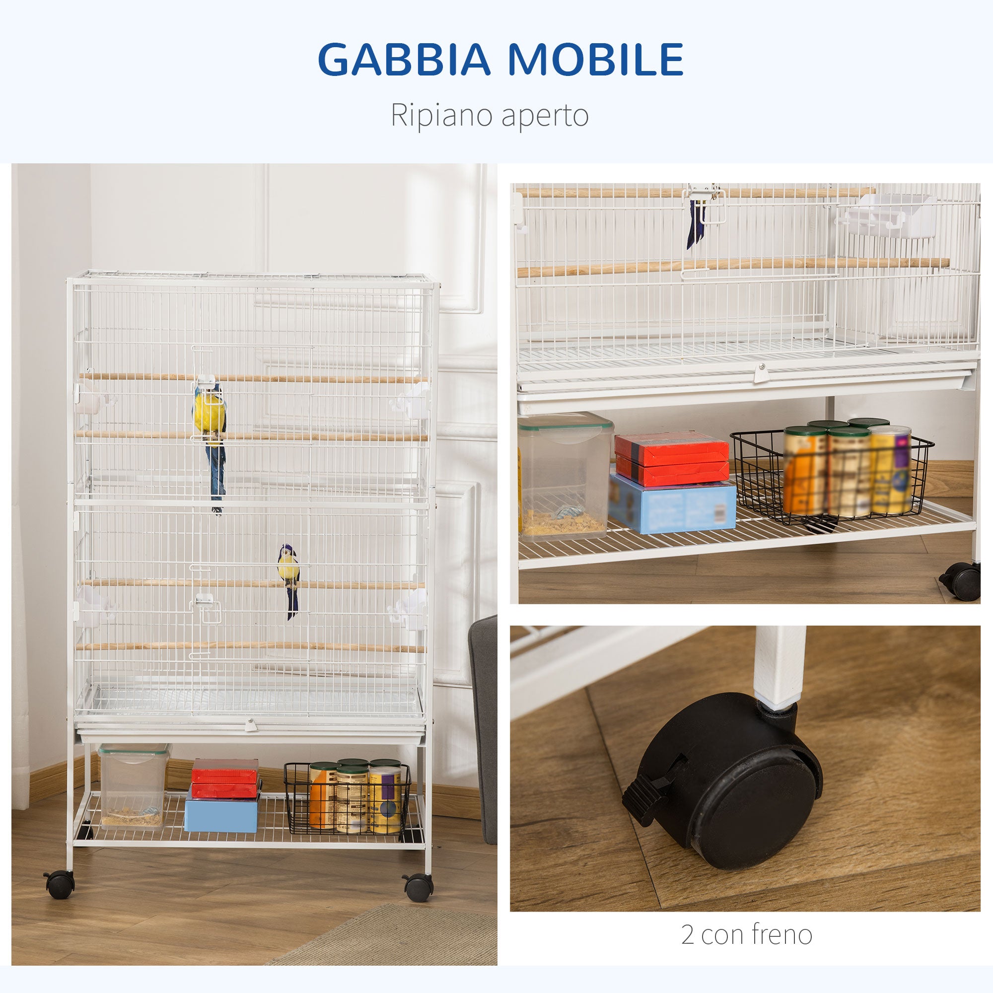 PawHut Indoor Bird Cage with Removable Tray, 4 Wheels and Perch, 78x52x132 cm, White