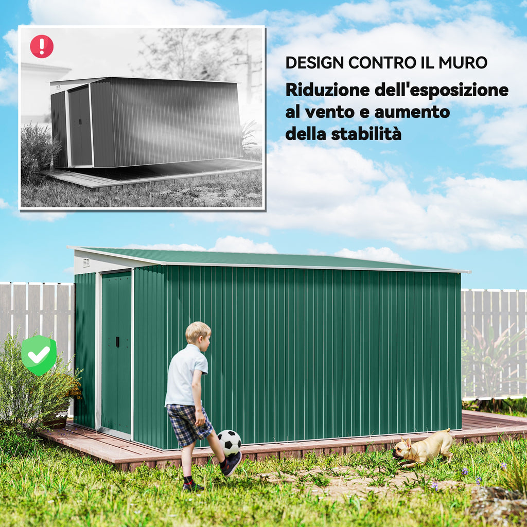 Garden Shed with Sliding Door, Steel, 345x280.5x169-201cm, Green