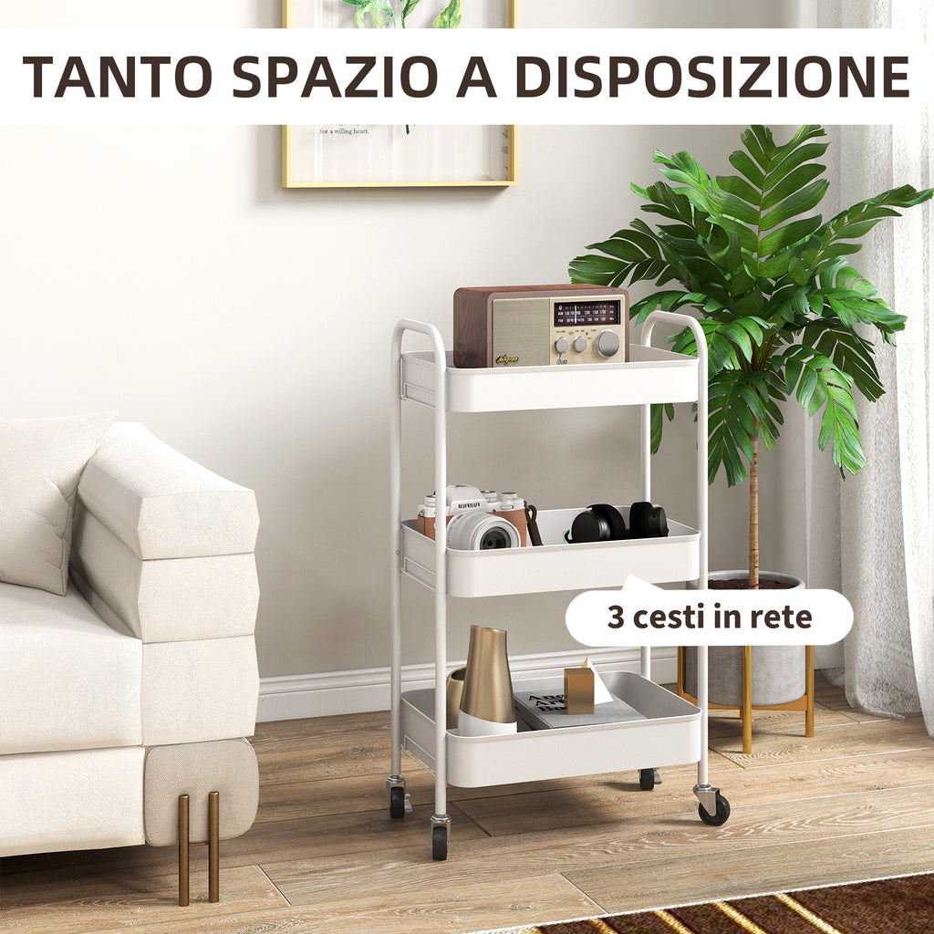 HOMCOM 3-Tier Kitchen Trolley with Handles and 4 Wheels, Steel, 45x30.6x79 cm, White - Borgè