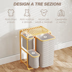 Bamboo Laundry Basket with 3 Bags and Removable Fabric Shelves, 50x32x69.7 cm, Bamboo and Cream