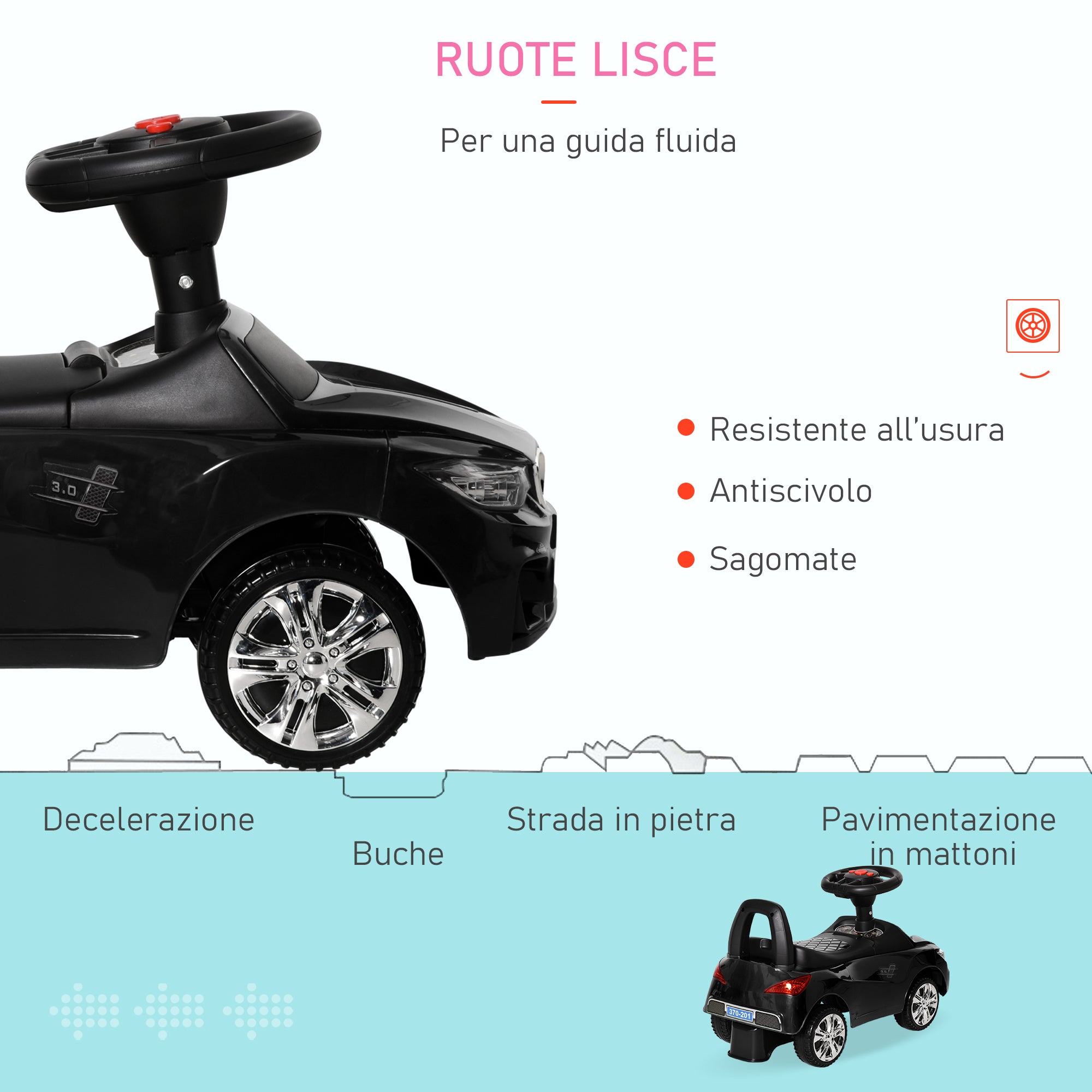 Children's Ride-On Toy Car with Steering Wheel, Built-in Lights and Music, PP and Metal, 63.5x28x36 cm, Black