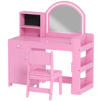 AIYAPLAY 2-in-1 Kids Dressing Table Set with Mirror, Chair, LED Light, Cabinet, Shelves and Bookcase, Pink