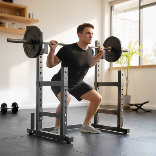 2-Tier Adjustable Barbell Rack with Disc Holder, Steel, 110x91x145 cm, Black