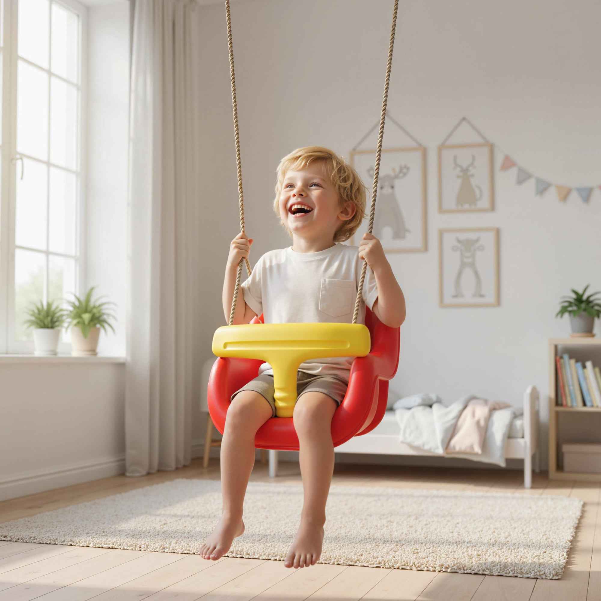 Baby Swing 9-36 Months Adjustable with Ropes and Carabiners, PE, 28x36x180 cm, Red and Yellow