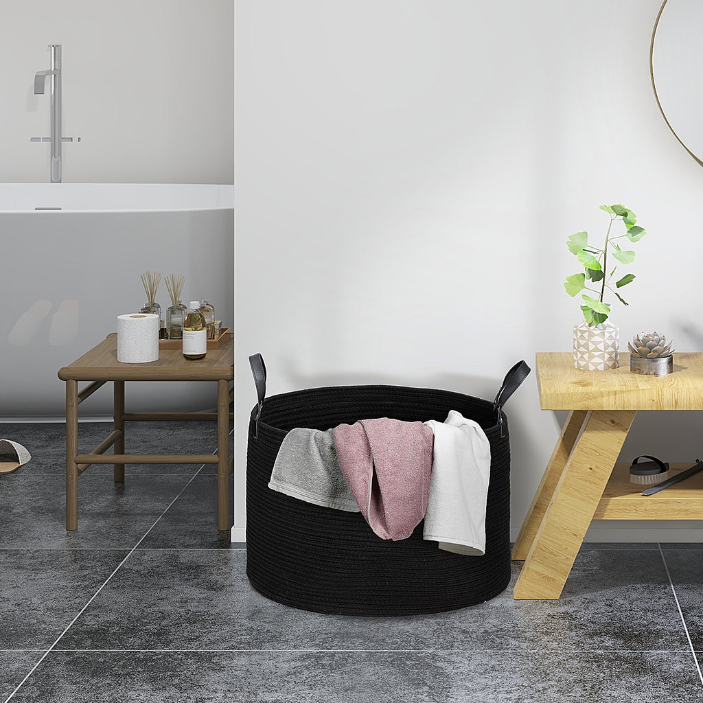 88L Portable Foldable Laundry Hamper with Natural Cotton Handles, Ø56x35.5 cm, Black