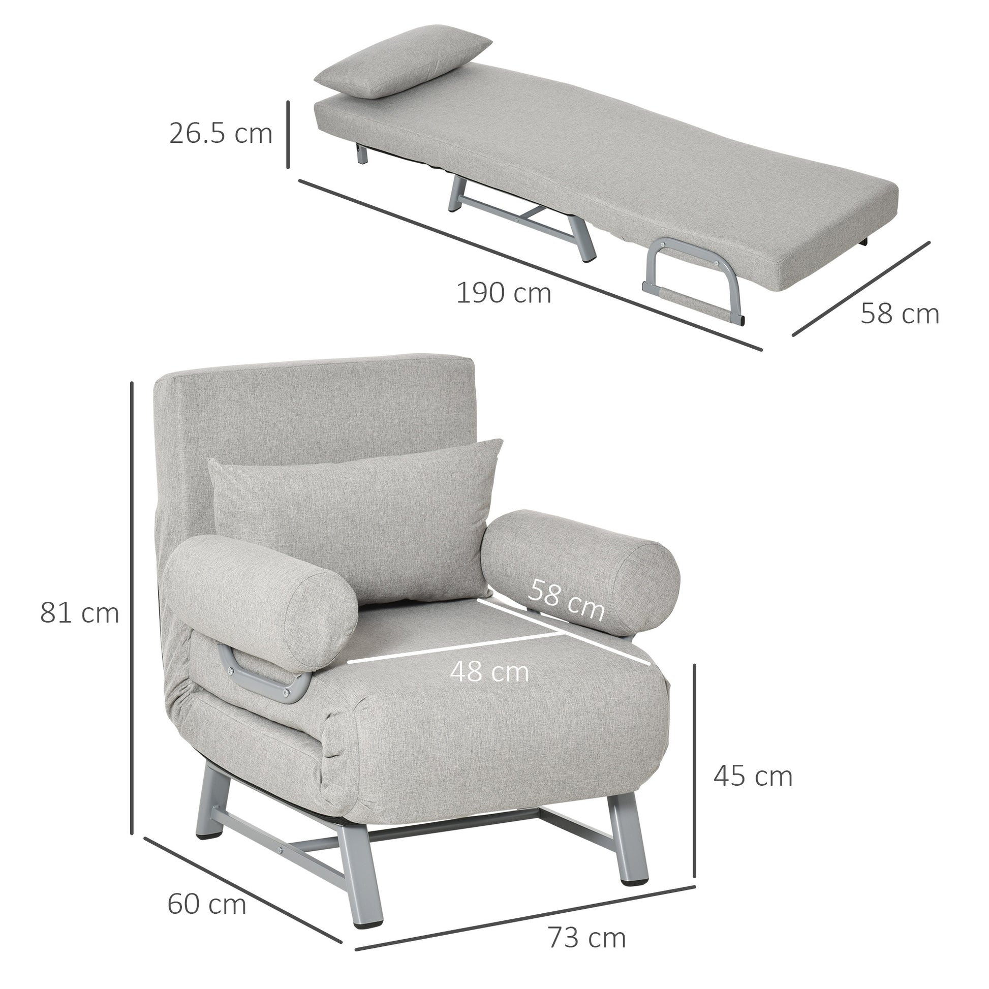 Homcom Single Bed Armchair With Reclinable Back 5 levels with extra pillow, fabric and metal, 73x60x81cm, gray - Borgè