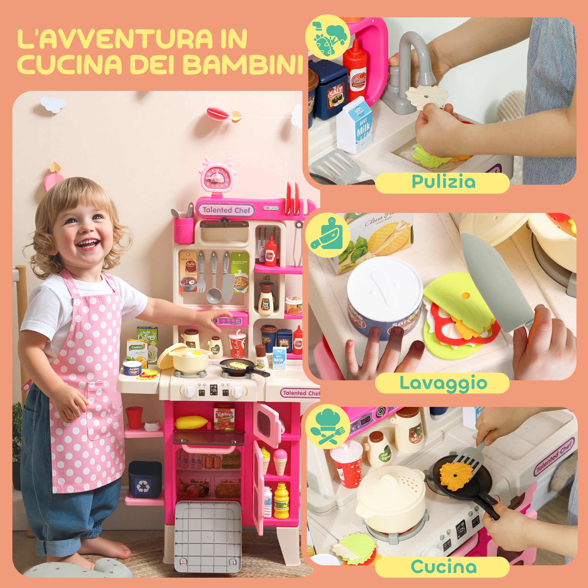Toy Kitchen for Children 3-6 Years Old with 104 Accessories, Made of PP, PE and ABS, 52.5x22x100 cm, Pink