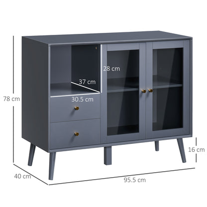 Two-Door Glass Cabinet with 2 Drawers, Open Space and Shelf, 95.5x40x78 cm, Gray