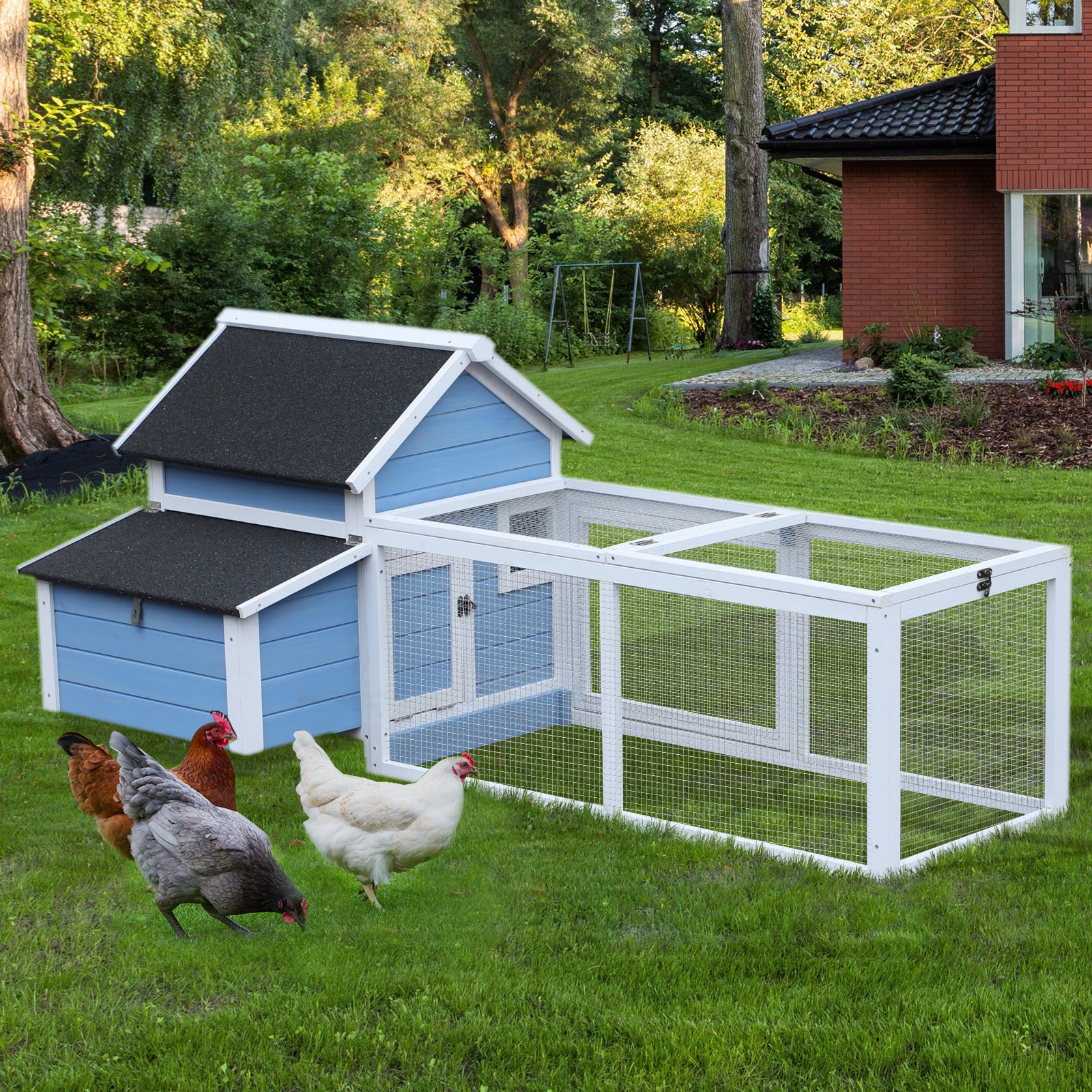 Chicken Coop with Running Area and Removable Nesting Tray, Wooden Garden Chicken Coop with Waterproof Roof, 180x91x79 cm