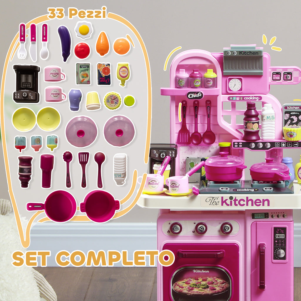 33-Piece Children's Toy Kitchen with Lights, Sounds and Faucet, Made of PP and ABS, 53x22x69 cm, Pink