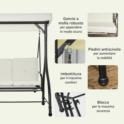 Outsunny Outusunny Swinging 3-Seater Garden Bed with Adjustable Canopy, in Steel and Polyester, 195x117x175 cm, Cream and Black