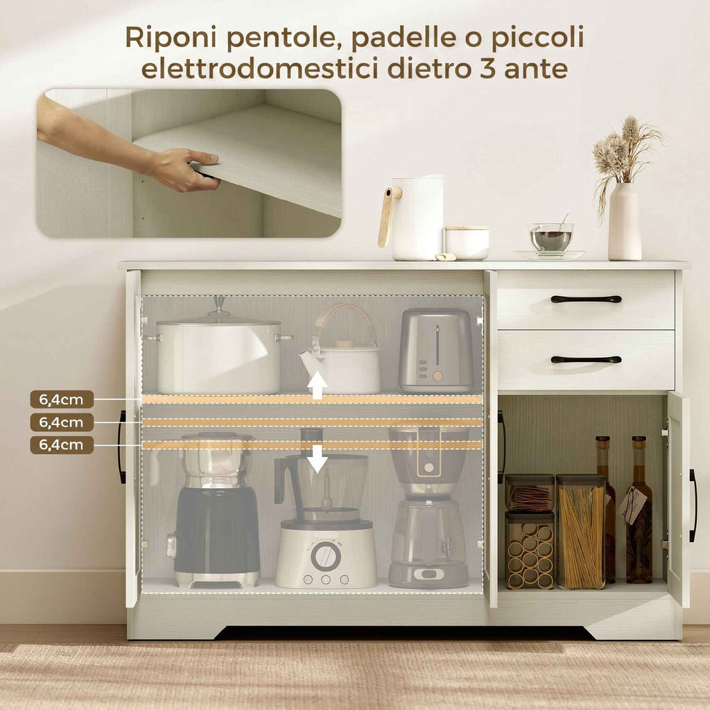 HOMCOM Kitchen Cabinet with 2 Drawers and 3 Cabinets, Adjustable Shelves, 120x38x79 cm, Cream