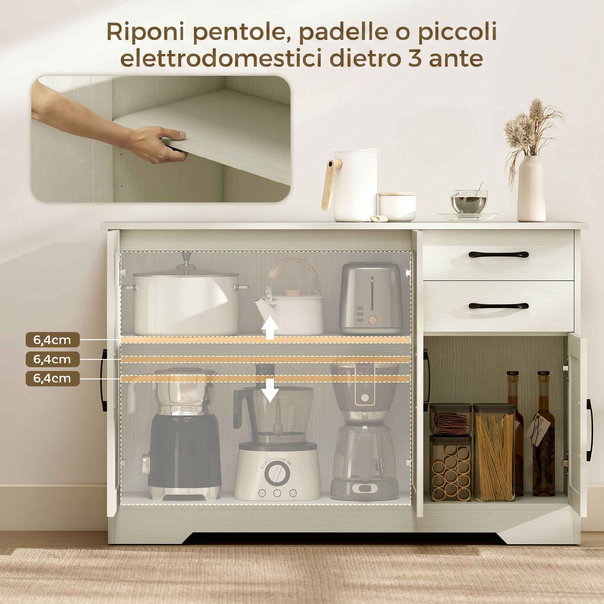 HOMCOM Kitchen Cabinet with 2 Drawers and 3 Cabinets, Adjustable Shelves, 120x38x79 cm, Cream