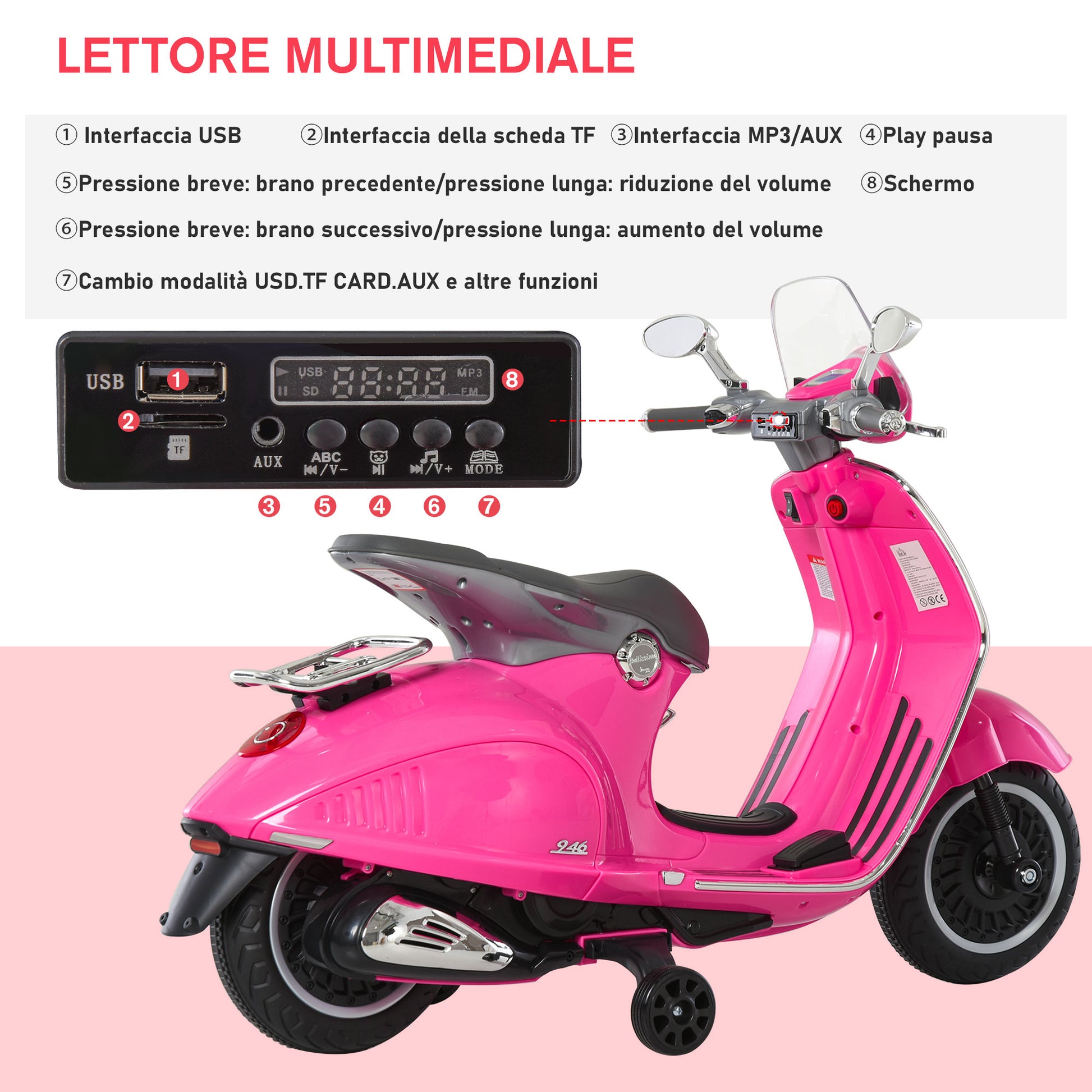 Officially Licensed Vespa Electric Motorcycle for Kids, 2 Wheels, Lights and Sounds, 108x49x75 cm, Pink - Borgè