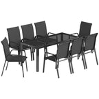 Outsunny 9-Piece Outdoor Set with 8 Stackable Texteline Chairs and Glass-Top Coffee Table, Black