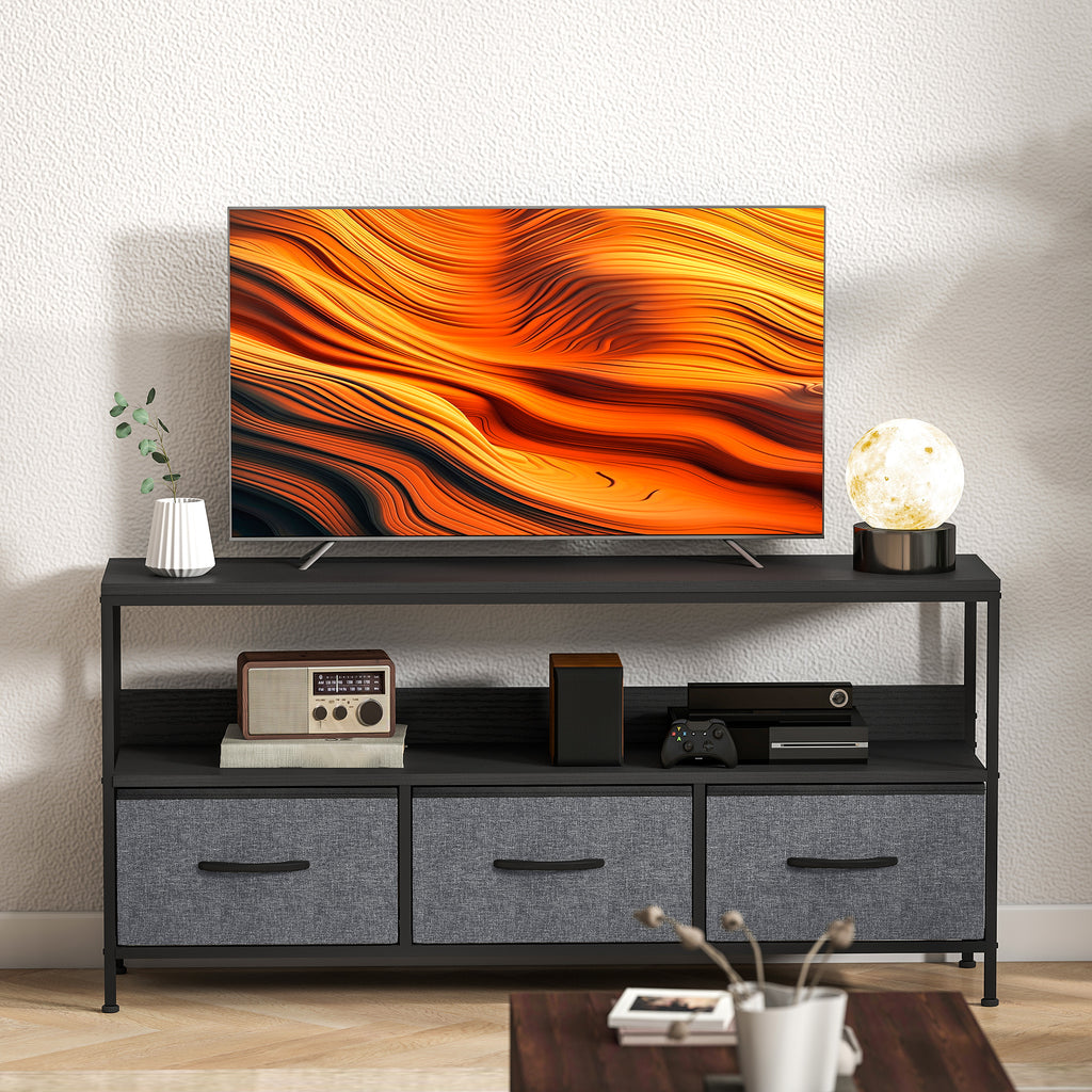 HOMCOM 55" TV Stand with Folding Fabric Drawers and Metal and MDF Shelf, 120x29x56cm, Black