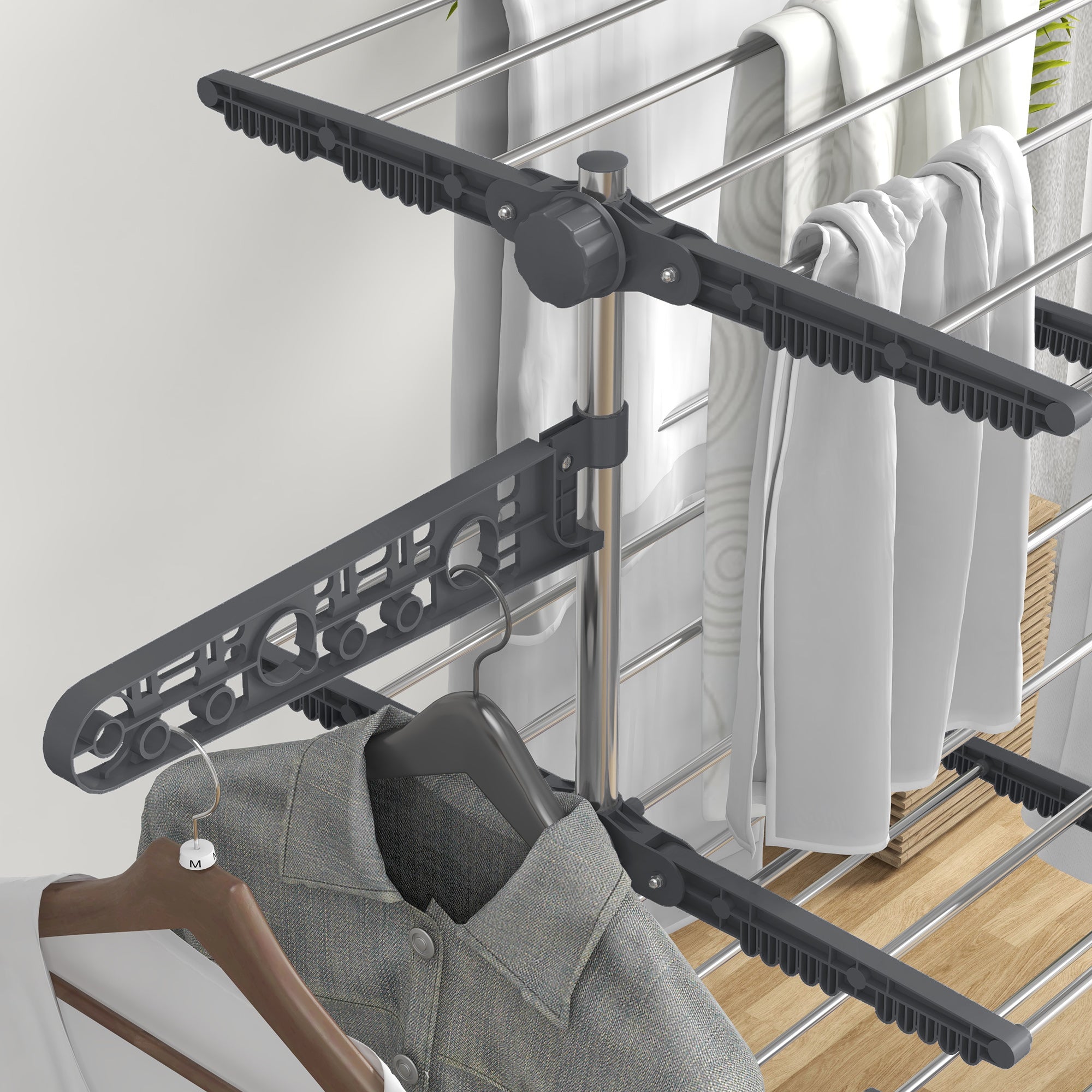 Vertical Drying Rack with 4 Adjustable Shelves, in Steel and Plastic, 142x55x172 cm, Grey and Silver