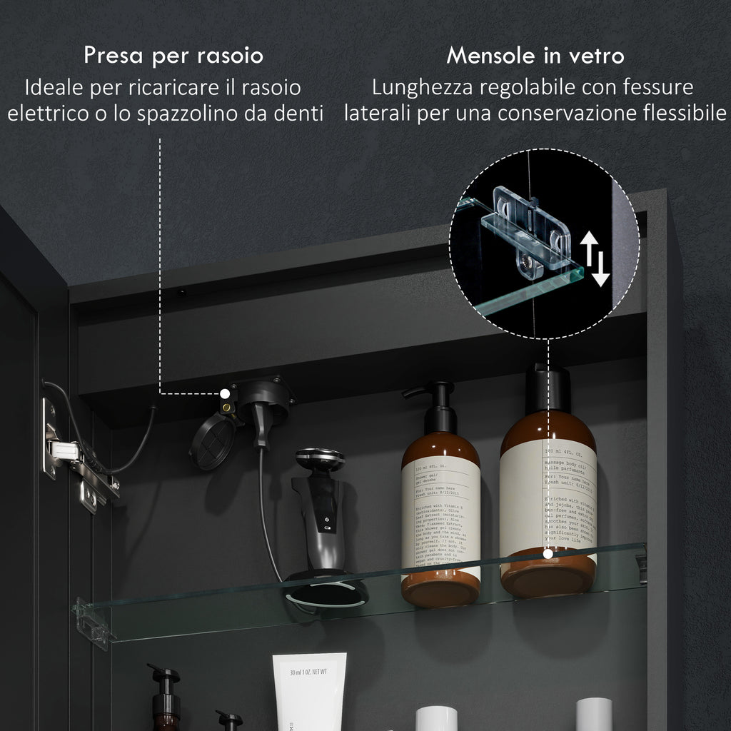 Bathroom Cabinet with Mirror, Adjustable LED Lights and Anti-Fog Function, Black