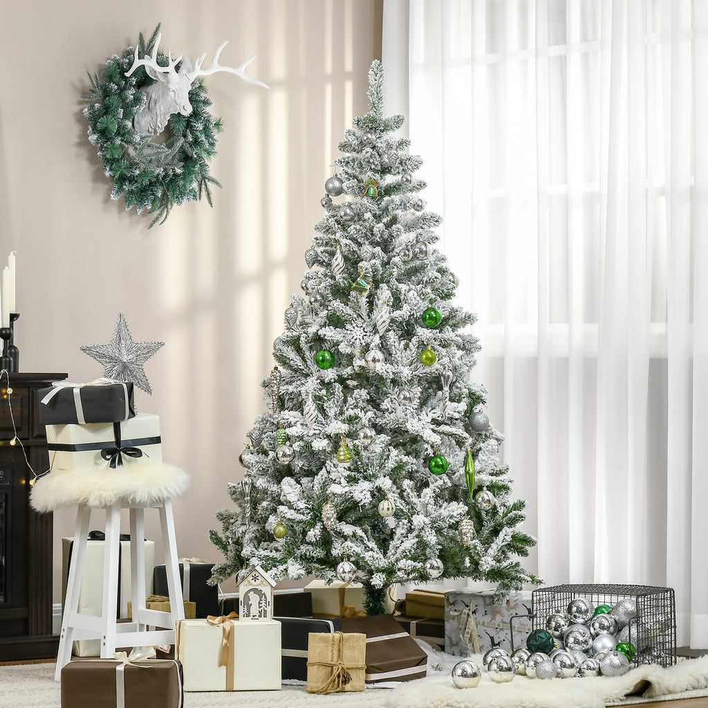 HOMCOM 180cm Tall Snow-Covered Christmas Tree with 750 Fireproof Branches and Steel Base, Green