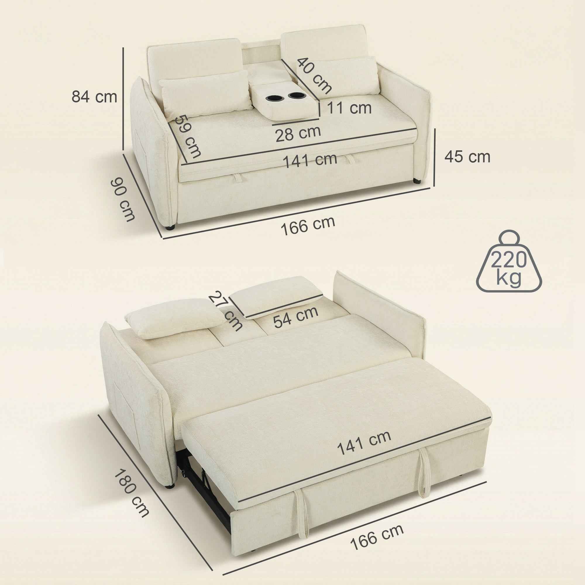 HOMCOM 3-in-1 2-Seater Sofa Bed with 3-Position Adjustable Backrest and 2 Cushions, Chenille, Beige