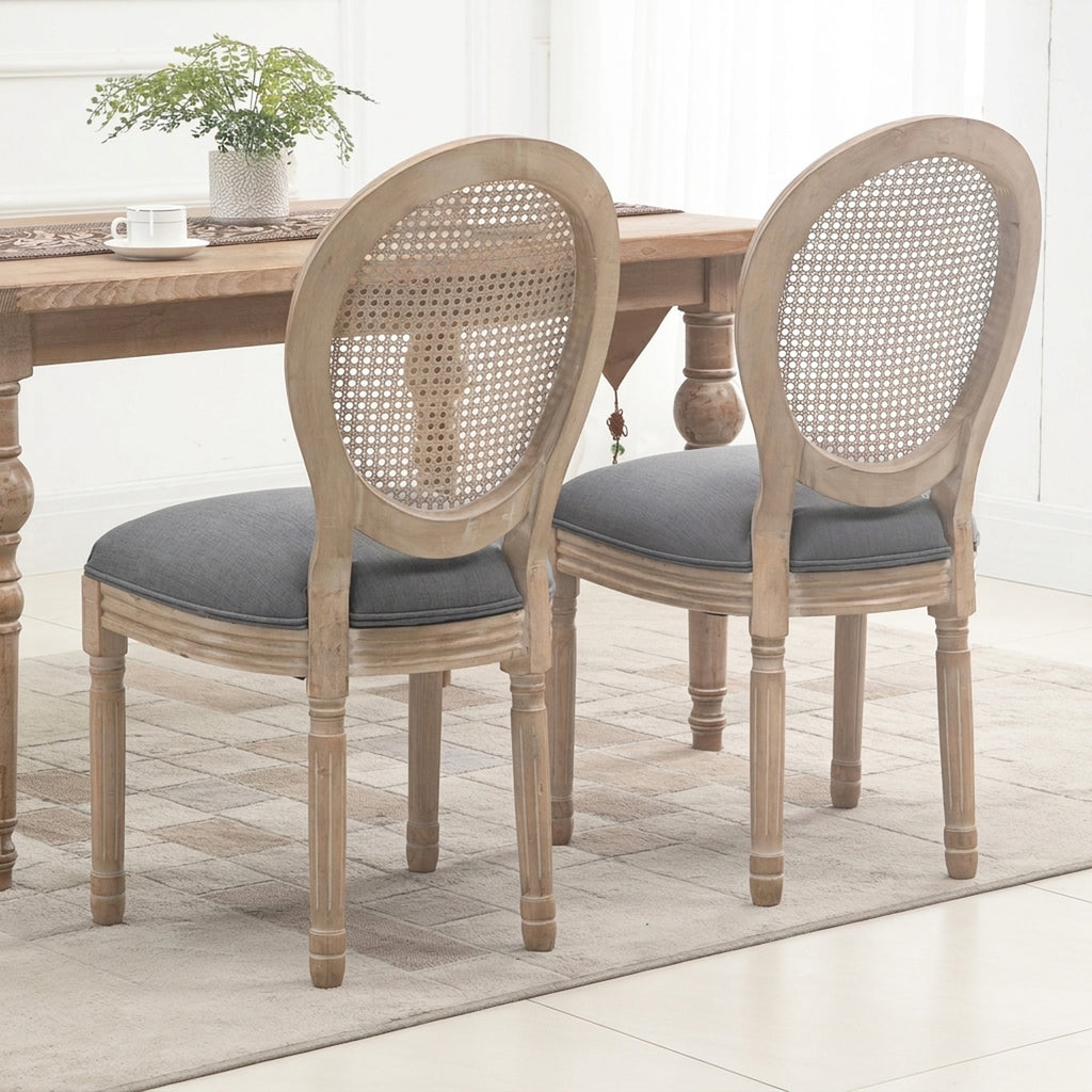 HOMCOM Set of 2 Dining Chairs in Linen-Effect Fabric with Perforated Rattan Backrest, Wooden Legs, Grey