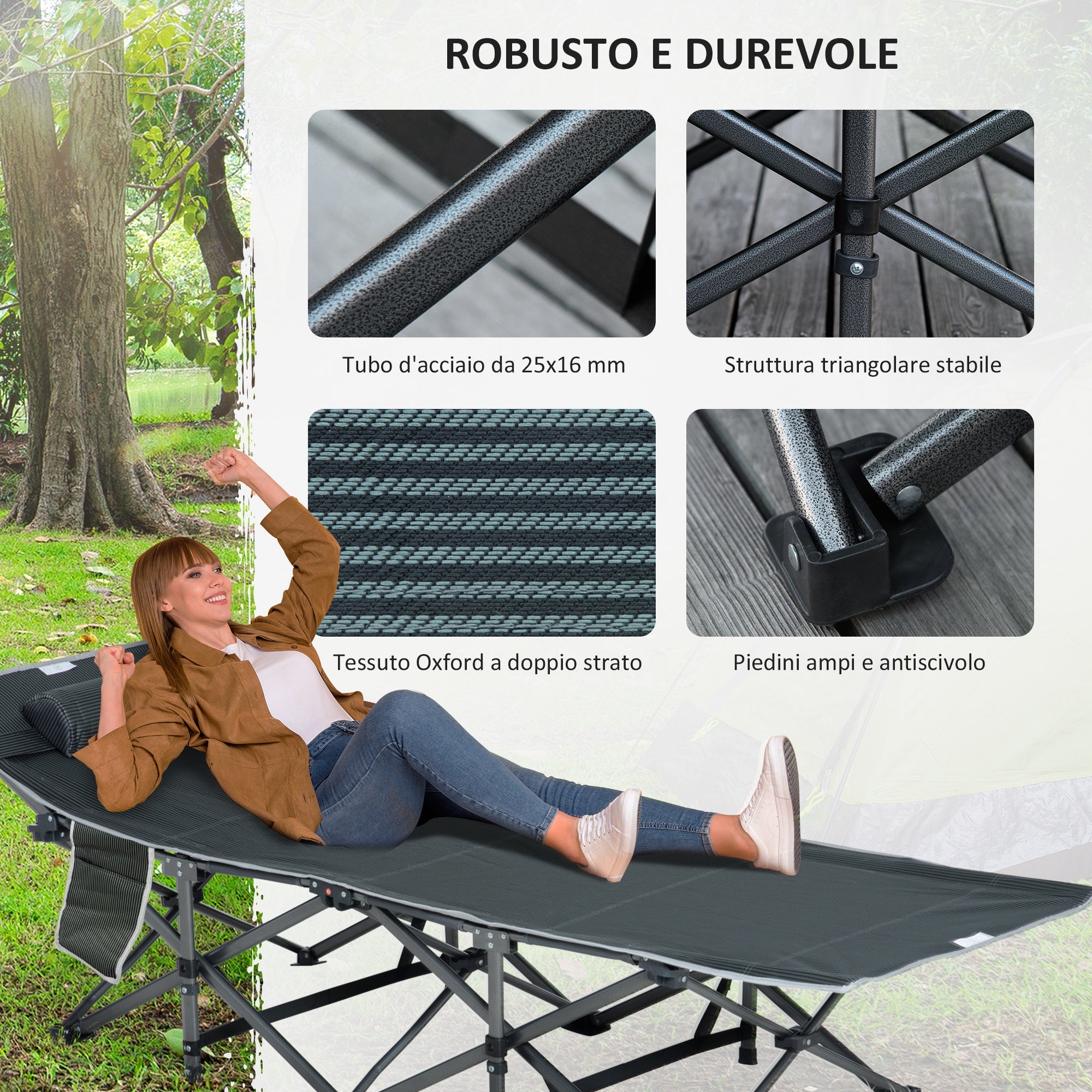 Folding and Padded Camping Cot with Storage Pocket, 188x64.5x53 cm, Gray