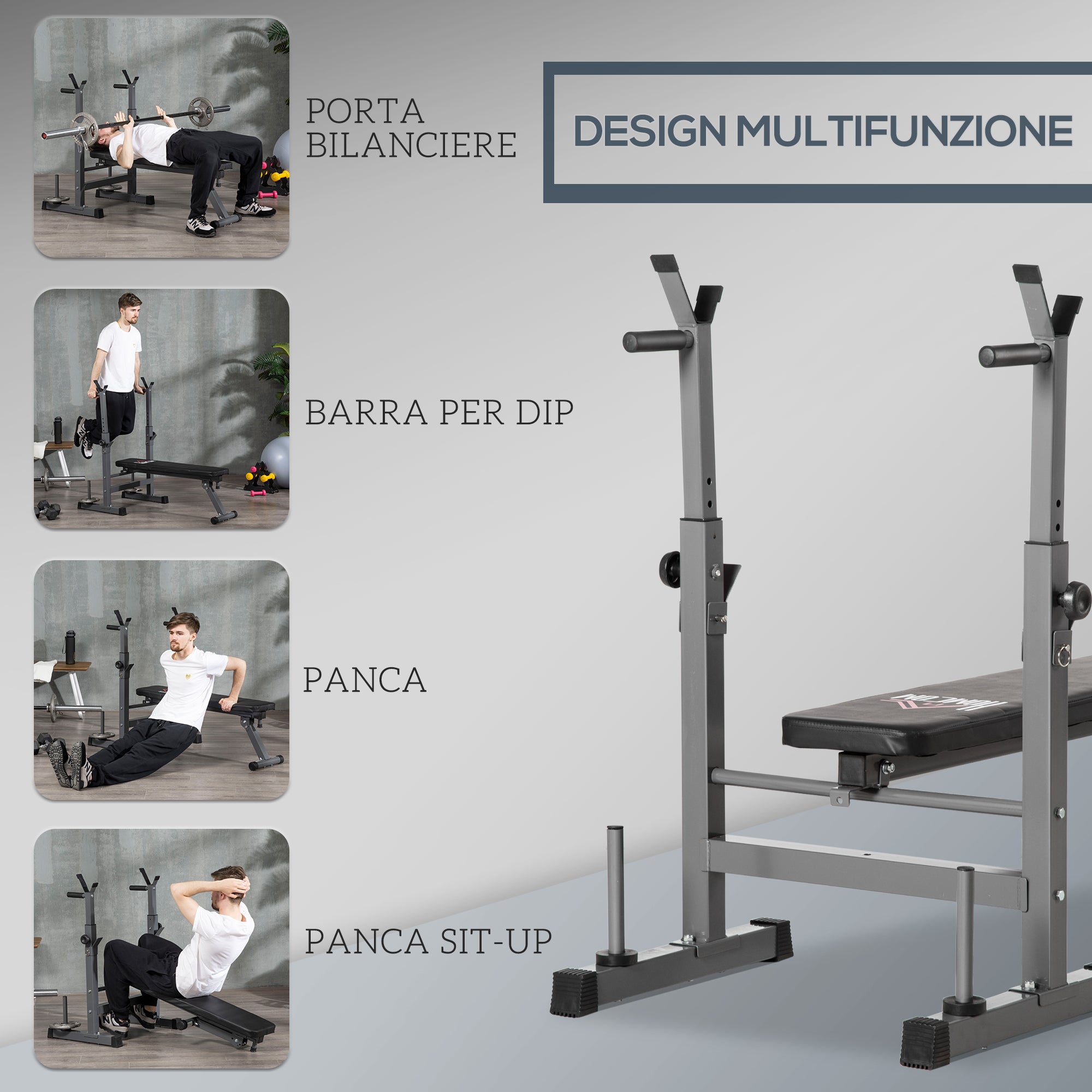 Folding Weight Bench with 8 Adjustable Heights and Steel and PU Barbell Rack, 140x73x98-122 cm, Grey