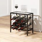 Wine Bottle Rack for 10 Bottles in Black Steel with Tempered Glass Shelf, 41x22x41 cm