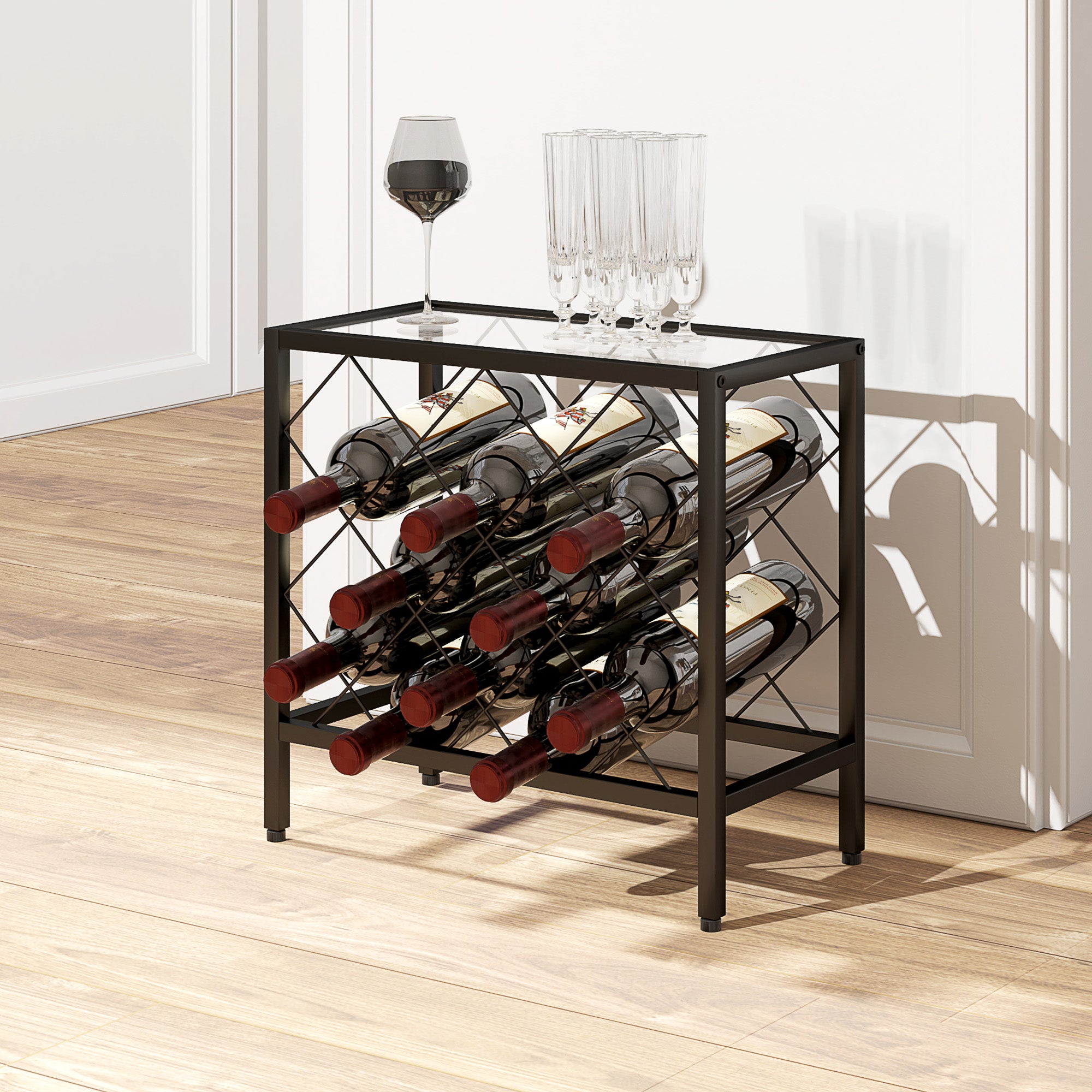 Wine Bottle Rack for 10 Bottles in Black Steel with Tempered Glass Shelf, 41x22x41 cm