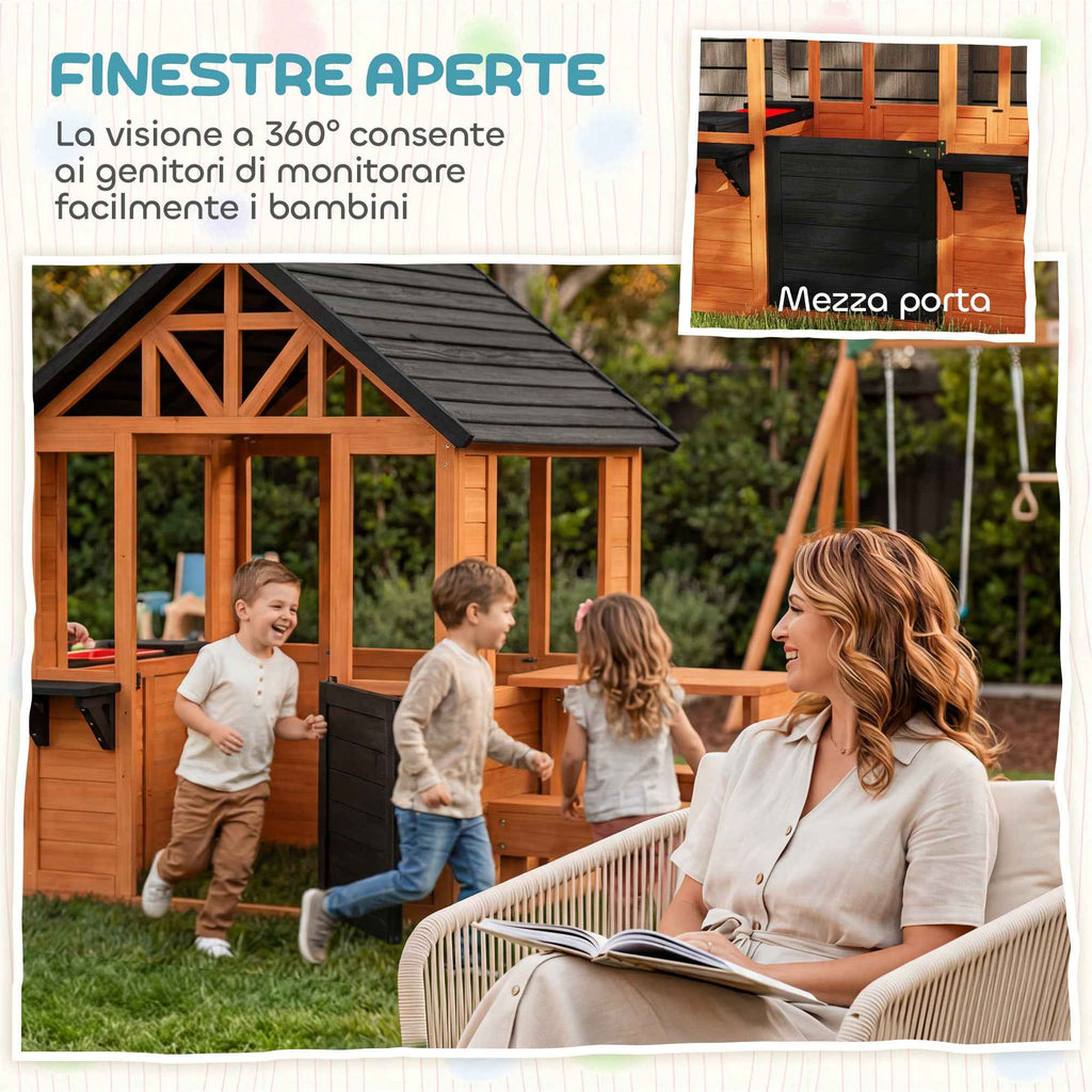 Wooden Playhouse, Indoor/Outdoor Playhouse for Children Ages 3-8 with Table and Benches, Brown