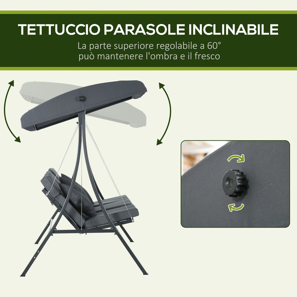 Outsunny 3-Seater Garden Swing with Adjustable Canopy, Steel and Polyester, 202x115x168 cm, Dark Grey
