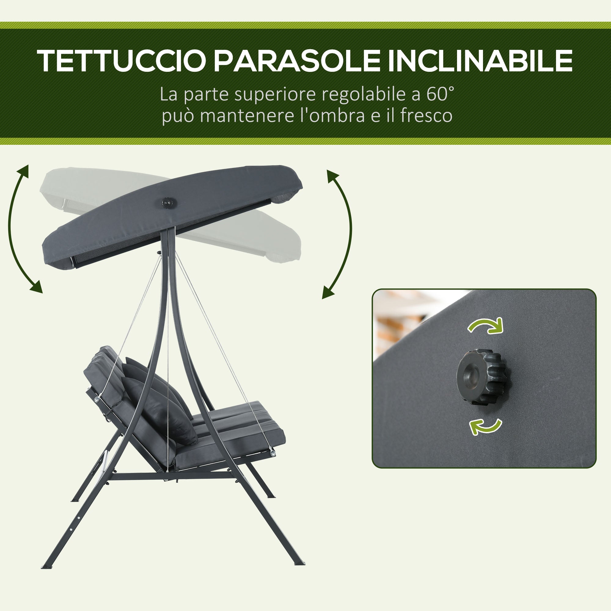 Outsunny 3-Seater Garden Swing with Adjustable Canopy, Steel and Polyester, 202x115x168 cm, Dark Grey