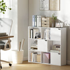 Cube Bookcase with 6 Open and 3 Closed Sections, White Wood, 106x24x95 cm