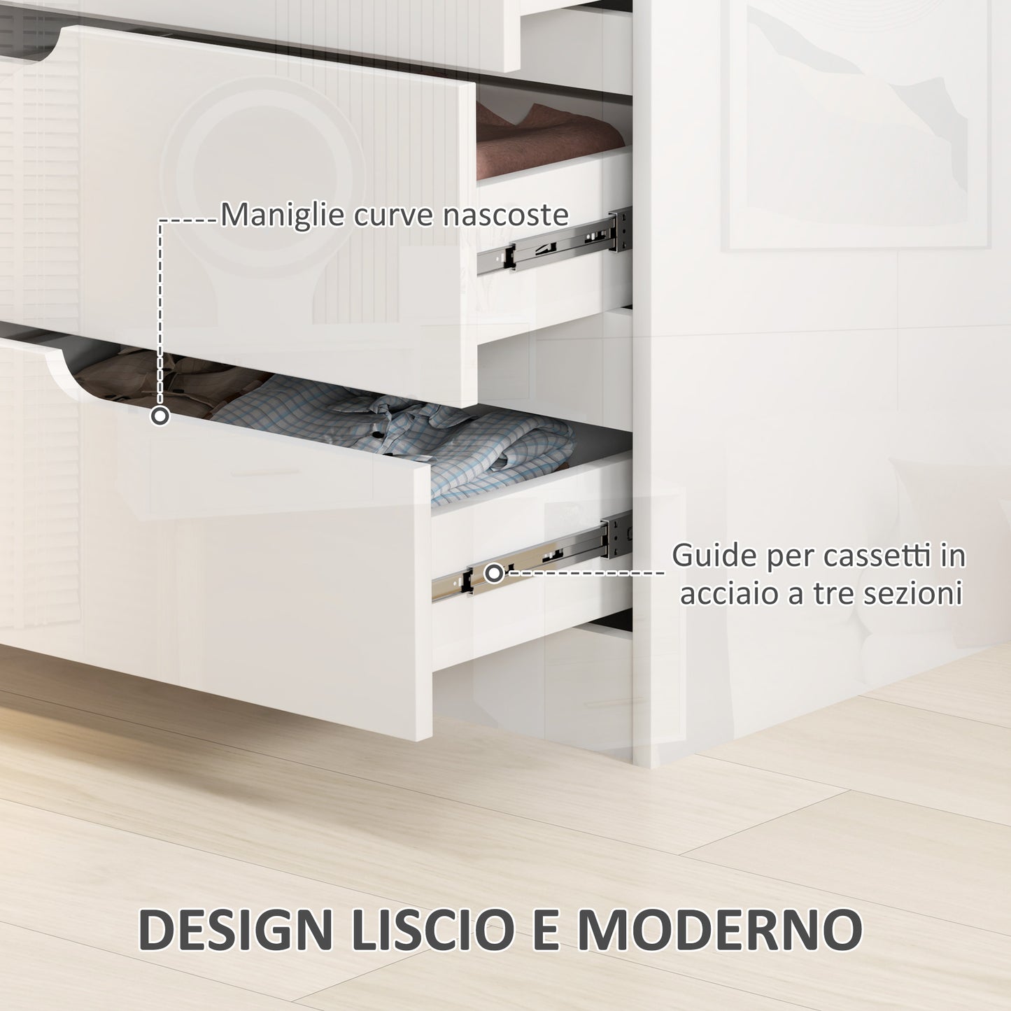 Modern and Minimal 4 Drawer Chest of Drawers in Wood, 60x40x85 cm, Glossy White