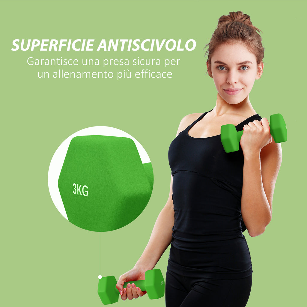 SPORTNOW Set of 2 Dumbbells 3 kg Hexagonal and Non-slip for Home and Gym, in Metal and Plastic, 18x8x8 cm, Green