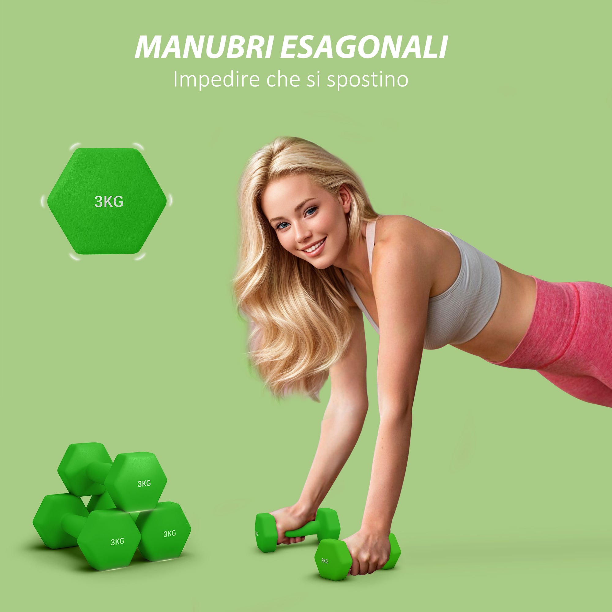 SPORTNOW Set of 2 Dumbbells 3 kg Hexagonal and Non-slip for Home and Gym, in Metal and Plastic, 18x8x8 cm, Green