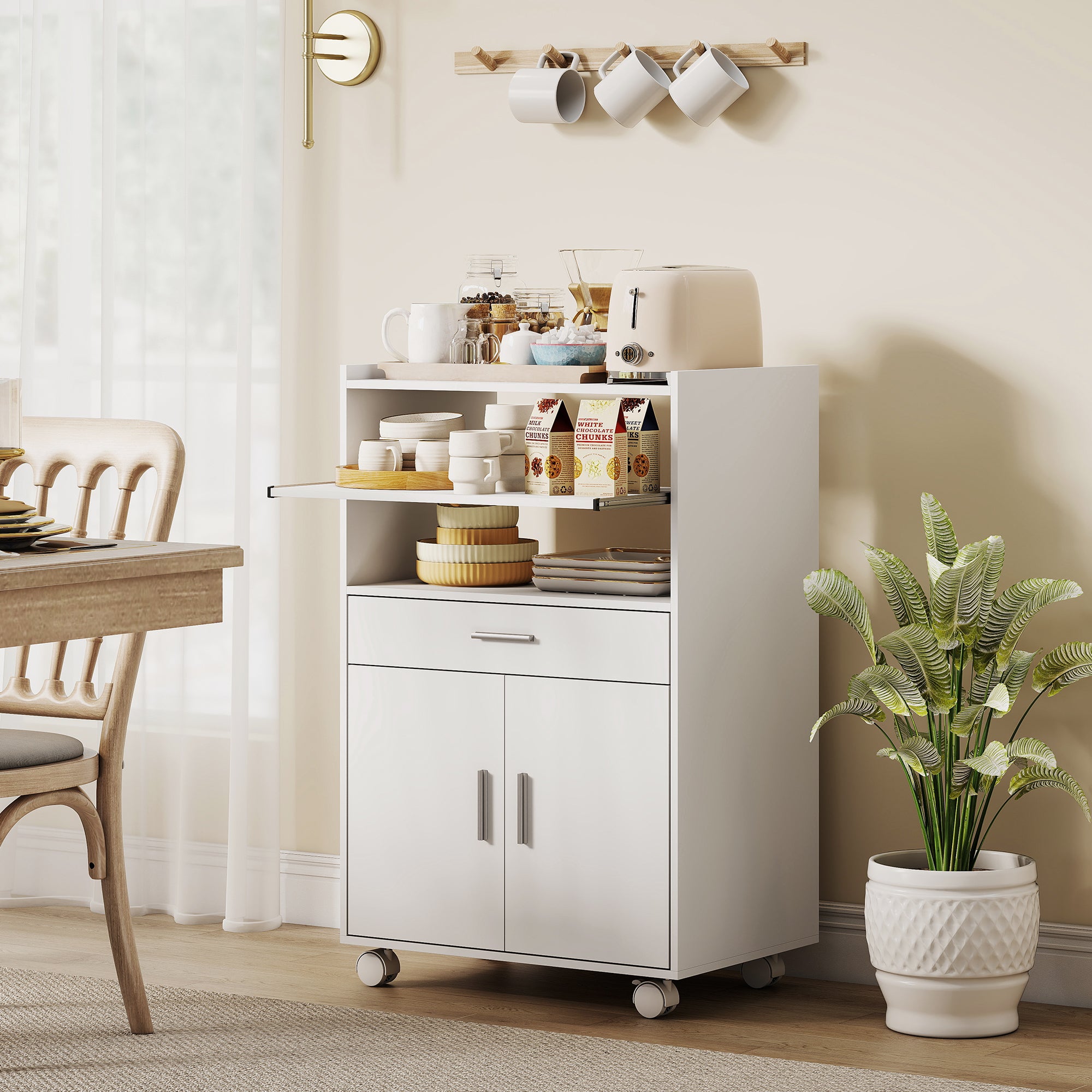 Wooden Microwave Cabinet with Drawer, 2-Door Cabinet and 2 Shelves, 59x40x92 cm, White