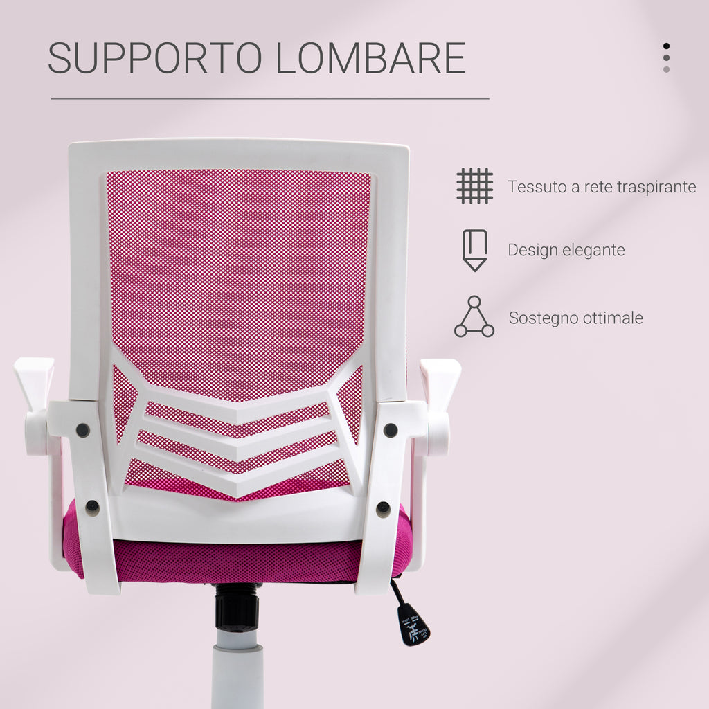 Ergonomic Office Chair with Lumbar Support, Folding Armrests, Breathable Mesh Swivel Desk Chair with Reclining Backrest and Adjustable Height, 120kg Capacity, Pink