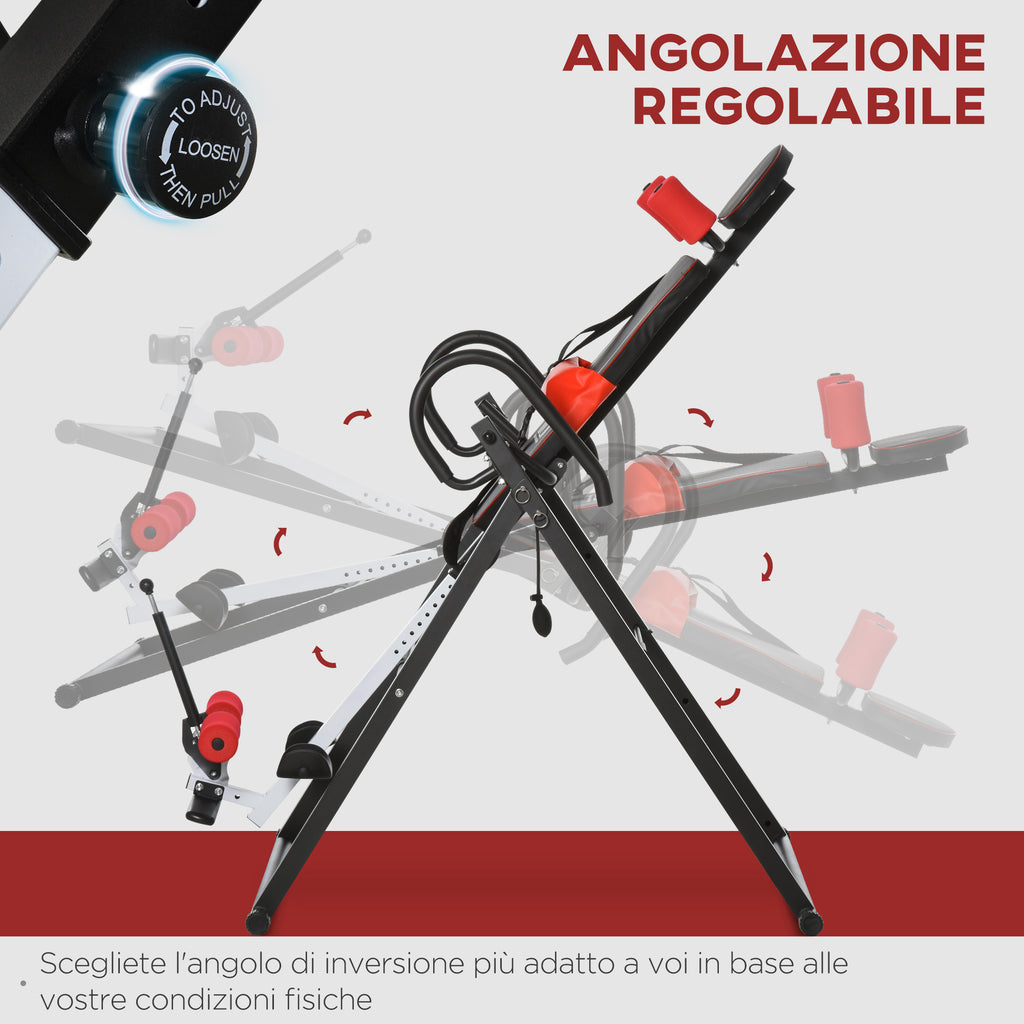 Inversion Bench with Adjustable Angle and Height and Headrest, in Steel and Plastic, 79x114x153 cm, Red and Black