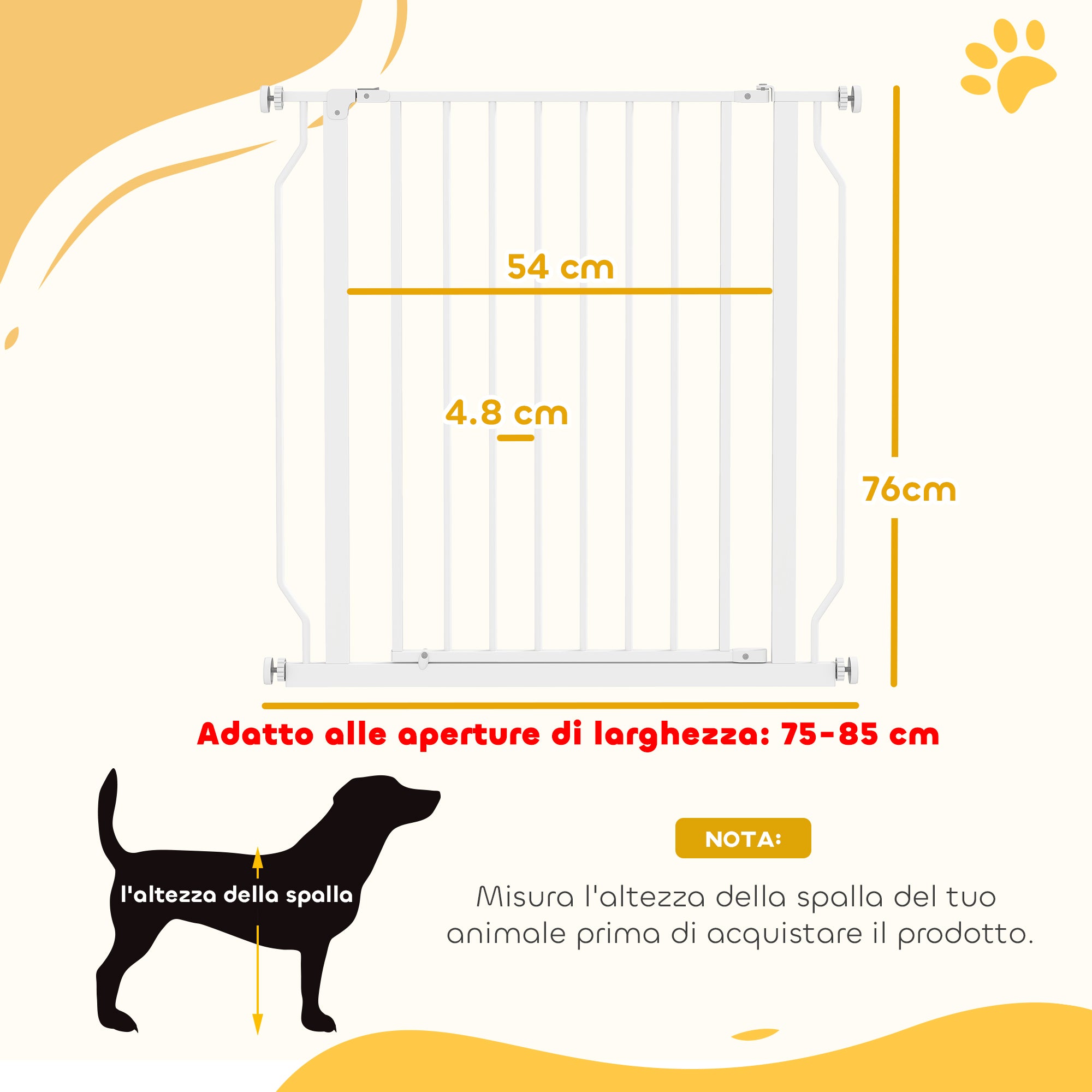 Extendable and Adjustable Dog Gate for Stairs and Doors, Made of Steel and ABS, 75-85x76 cm, White