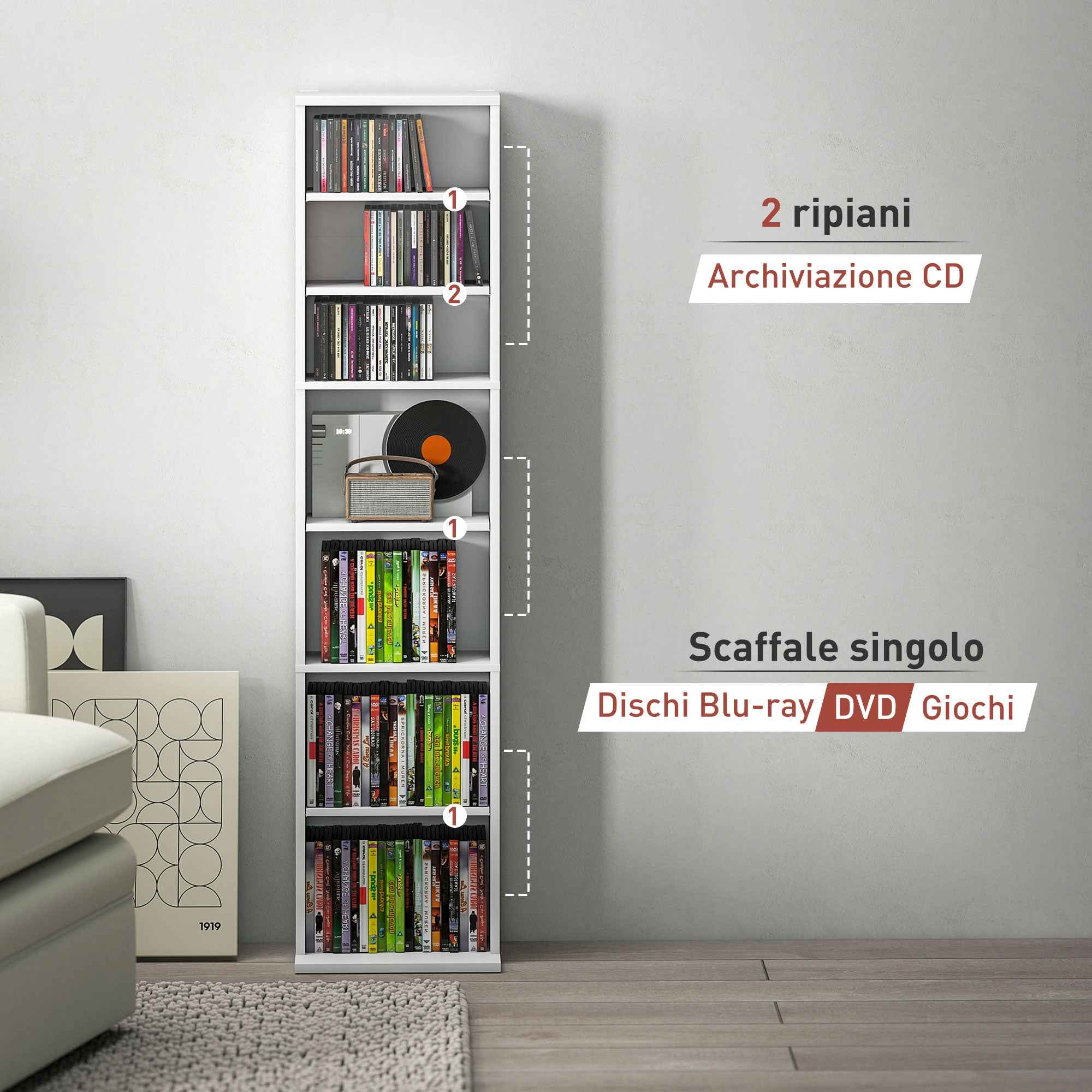 HOMCOM CD Rack with 6 Adjustable Shelves, 260 CDs/120 DVDs Capacity, 33x24x140 cm, White